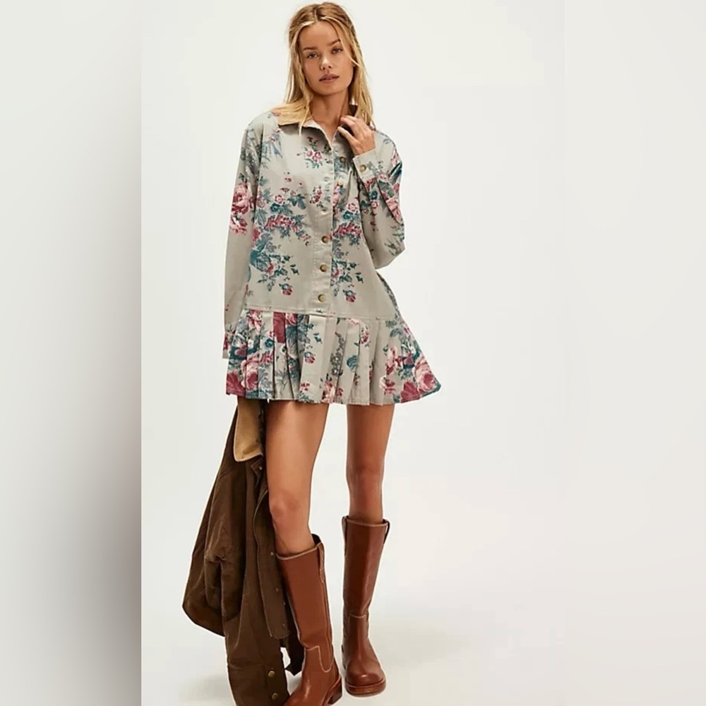 NWOT Free People Connor Mini Dress Buttondown Printed Shirt Denim